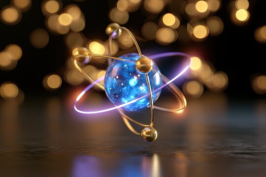 Abstract glowing atom model with orbiting electrons on a reflective surface