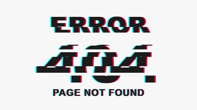 Digital error message with a vibrant glitch effect and distorted text 'ERROR 404 PAGE NOT FOUND,' symbolizing website issues, broken links, or system malfunctions