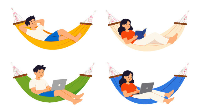 People relaxing in hammocks reading and using laptops