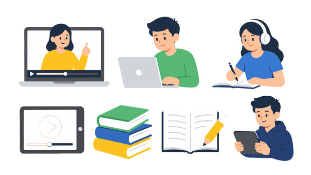 Online learning and study icons with students and devices