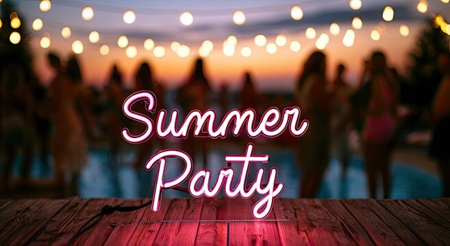 Neon "Summer Party" sign glows over a blurred pool party with string lights