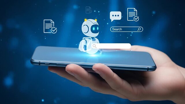 AI chatbot assistant and digital document icons hovering over smartphone held by hand for automated customer support and data search.