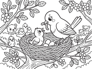 Fototapeta premium Bird family in nest with chicks, black and white line illustration, birds chick nests, avian