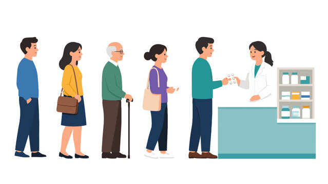 People waiting in line at pharmacy counter with pharmacist