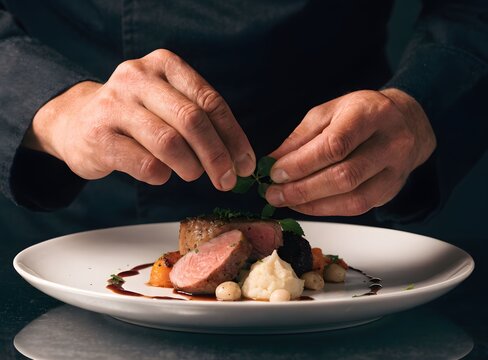 Gourmet Plating: A skilled chef meticulously garnishes a succulent dish of perfectly cooked meat and root vegetables, showcasing culinary artistry and fine dining presentation.