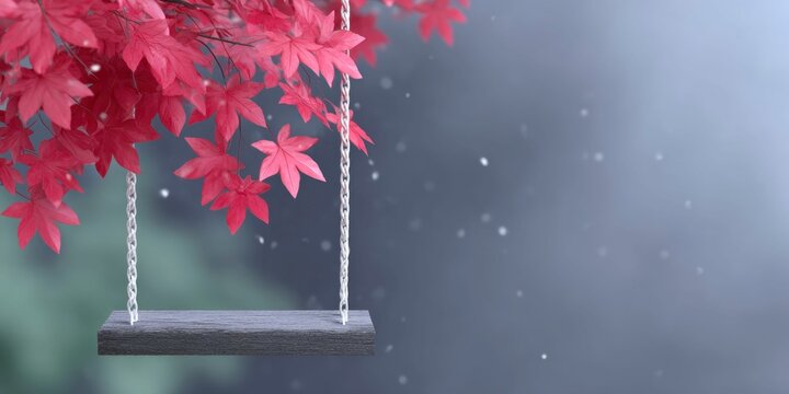 red autumn colored leaves falling from the sky onto an empty swing with a dark grey blur background