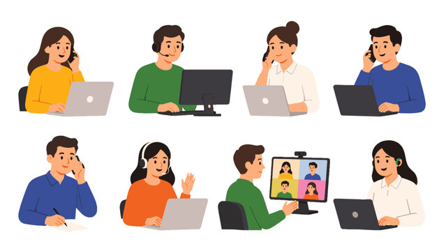 Set of people using laptops, phones, and video call computers