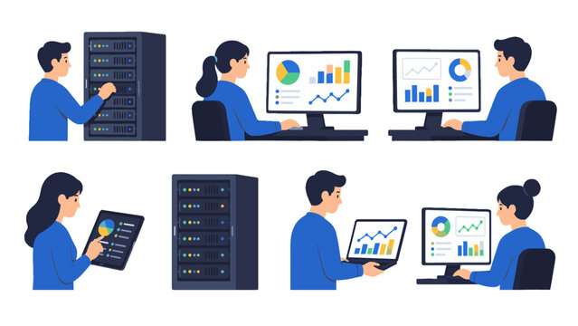 Data analysis and server management flat vector set
