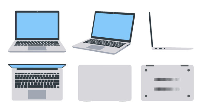 Laptop computer set with multiple views in flat vector style