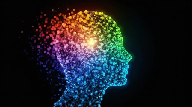 Artificial intelligence digital human head profile with glowing neural network and pixel dissolve on black background