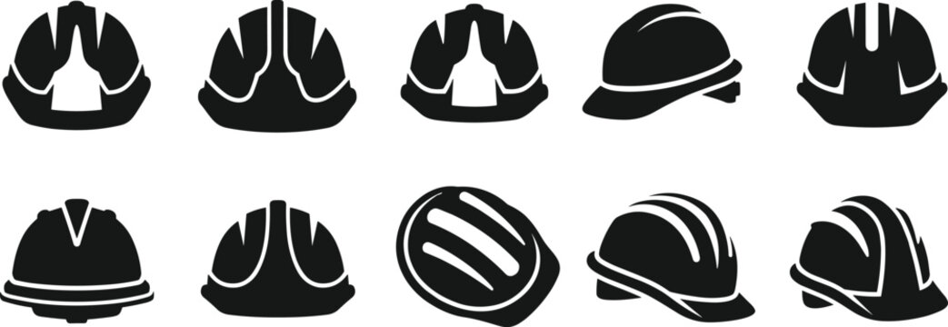 Construction safety helmet silhouettes, industrial hard hat designs, protective headgear variations, worker safety equipment, black vector icons, engineering illustration