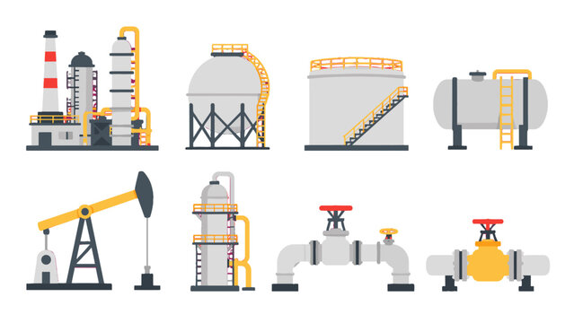 Industrial oil refinery equipment and storage tanks vector set