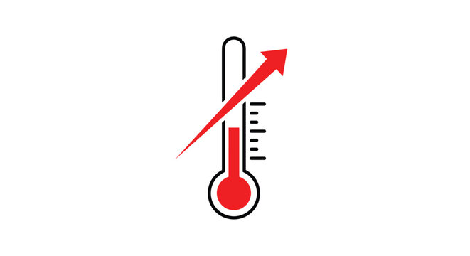 Red thermometer icon with a sharp rising arrow indicating an increase in temperature or representing a growing business trend and fever.