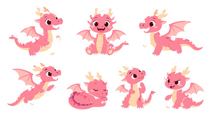Naklejka premium Set of cute pink baby dragon characters in different poses