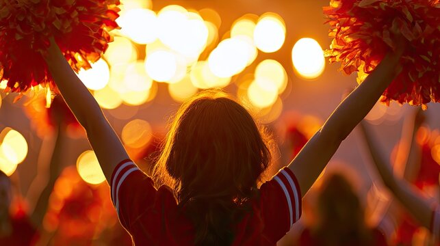Teenager with pom-poms in red uniform cheers with arms raised