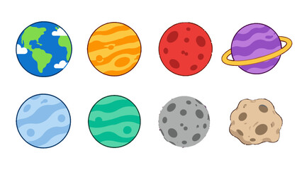 Cartoon planets and asteroid set isolated on white background © Alan