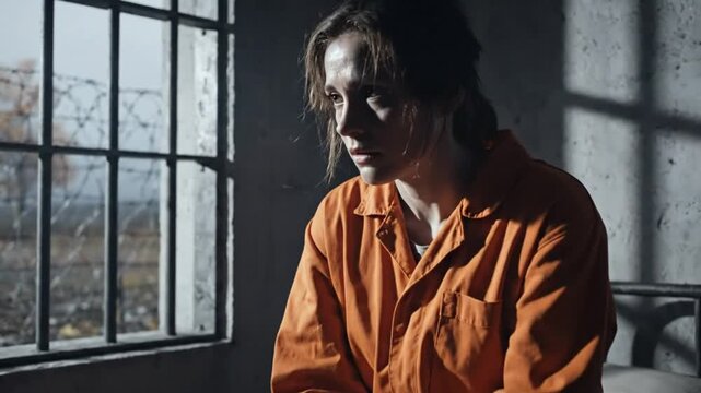 Depressed female prisoner in orange jumpsuit with handcuffs sitting on bed looking out a window in a cell
