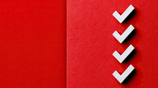 Four white checkmarks align vertically on a textured red background