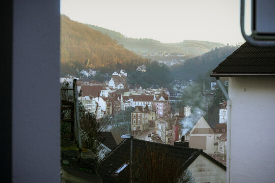 German townscape with houses nestled in a valley