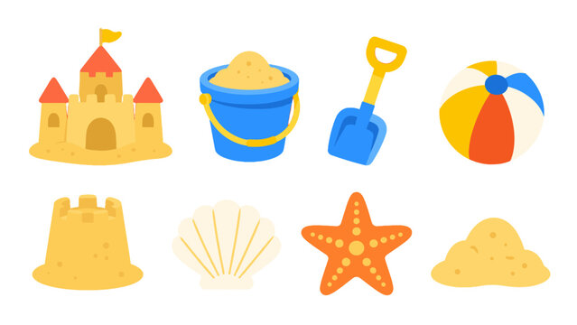 Colorful beach and sand toy icons set on white background