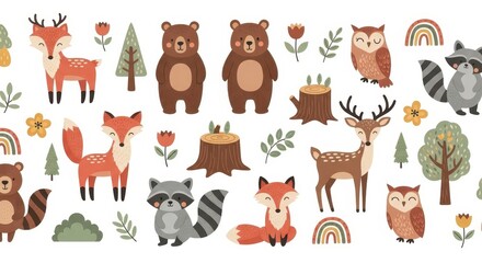 Fototapeta premium Hand Drawn Woodland Forest Animal Collection with Deer Bear Fox Raccoon Owl and Nature Elements