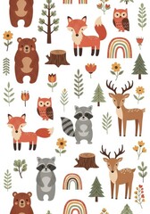 Fototapeta premium Cute Woodland Animals Seamless Pattern with Bear Fox Deer Owl and Raccoon in Scandinavian Style for Nursery Decor
