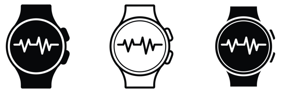 Smartwatch Heart Rate Monitor Icons in Black and White for Health and Fitness Concepts and Medical Technology Illustrations