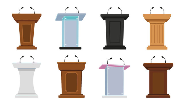 Set of podium lecterns with microphones in flat vector style