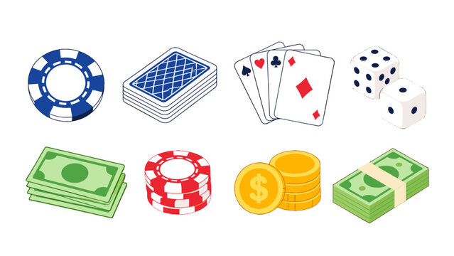 Casino game icons with chips cards dice money and coins