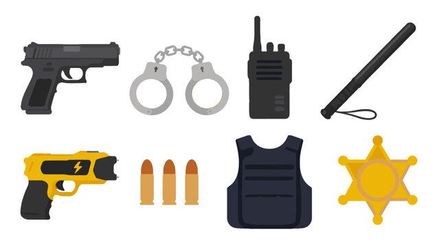 Police equipment icons set with weapons and protective gear