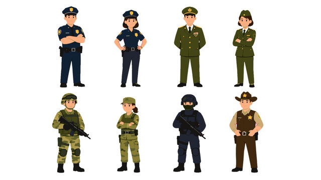 Set of police, military, tactical, and sheriff characters