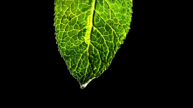 Mint leaf dripping water in slow motion on black background