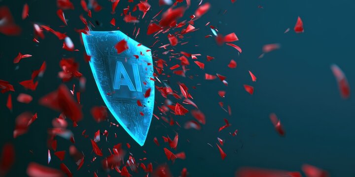 Transparent AI shield shattering into red fragments on a dark blue background