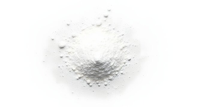A pure white powder heap sits centrally on a clean white surface, viewed from above, creating a minimalist visual