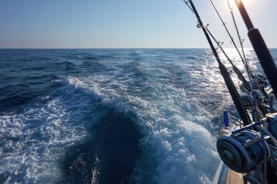 Four fishing rods cast out from a boat on a sunny day