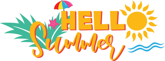 Vibrant hello summer vector graphic illustration with colorful beach elements and sunny design © Rajat
