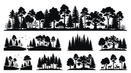 Fototapeta premium Black silhouette trees forest landscape icons.