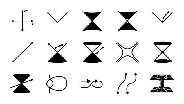 Theoretical physics icons set, light cone and spacetime diagram vector elements, quantum mechanics and relativity symbols for education