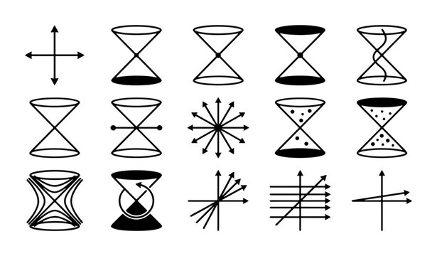 Minimalist physics light cone icons, set of 15 theoretical relativity diagrams, black and white spacetime geometry vector symbols for science education