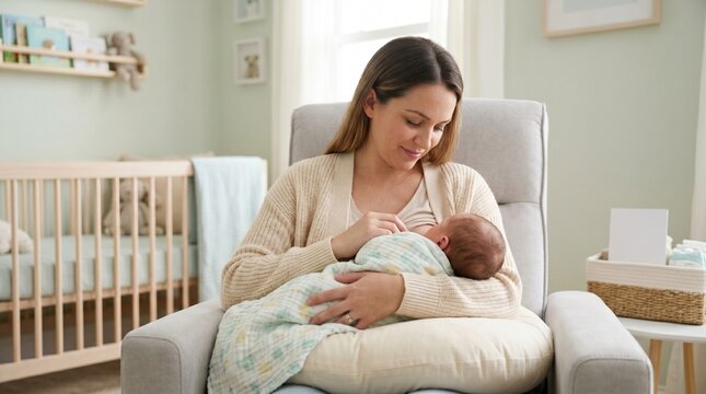 Gentle mother sitting in an armchair and breastfeeding her swaddled newborn baby in a nursery room for world breastfeeding week