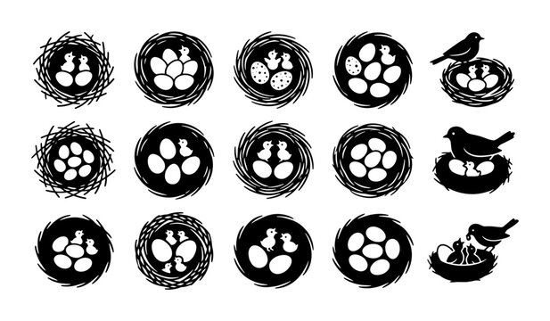 Black bird nest icons with eggs and chicks, 15 vector silhouettes of avian nests and hatchlings, rustic nature symbols for spring and wildlife design