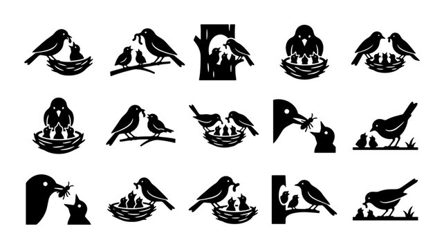 Black bird nest icons set, 15 vector silhouettes of parent birds feeding chicks, avian family life and wildlife conservation graphics