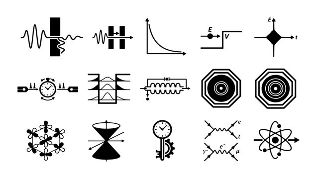 Quantum physics icons set, 15 black and white science vector symbols, atomic energy and particle mechanics diagrams for education