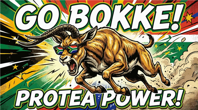 South African Springbok Mascot with National Flag Sunglasses, Dynamic Sports Concept for Proteas Team Support.