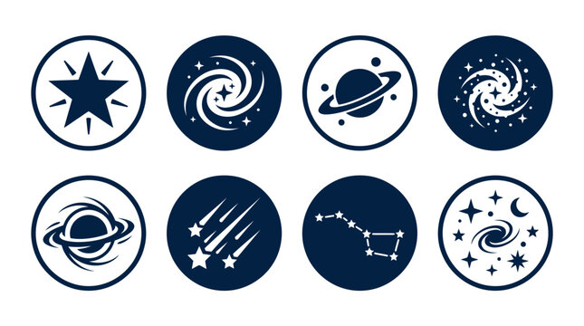 Collection of celestial-themed icons featuring stars, galaxies, planets, and constellations