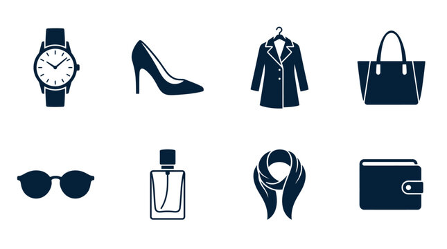 Set of fashion accessories icons including watch shoe coat bag sunglasses perfume scarf and wallet.