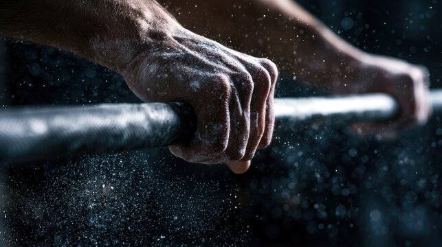 Gripping a chalk-dusted bar, hands clench in intense fitness preparation