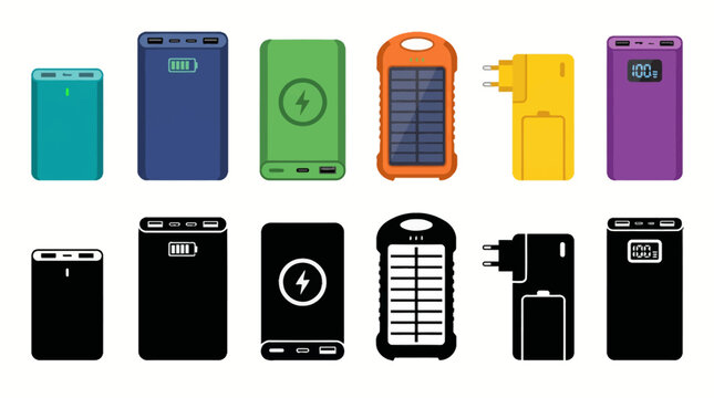 Vector collection featuring different power bank designs, compact power bank, fast charging power bank, wireless power bank, solar power bank, travel charger, portable battery pack