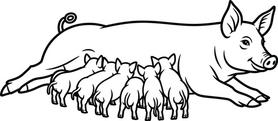 Mother Pig, Suckling Piglets, Black and White Vector, Farm Animal Illustration, 6 Pigs © mafia009