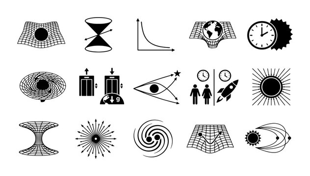 General relativity physics icons set, 15 black and white science vector symbols, spacetime curvature and gravity concepts for education